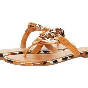 NWT! Tory Burch Ltd. Edition Tan Leather Miller Sandals w/ Colorblock Gold Logo